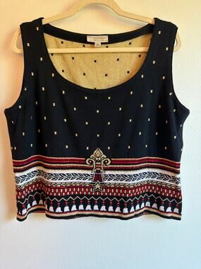 Vtg St. John Sport by Marie Gray Knit Black Metallic Fair Isle Bead Tank Top | L